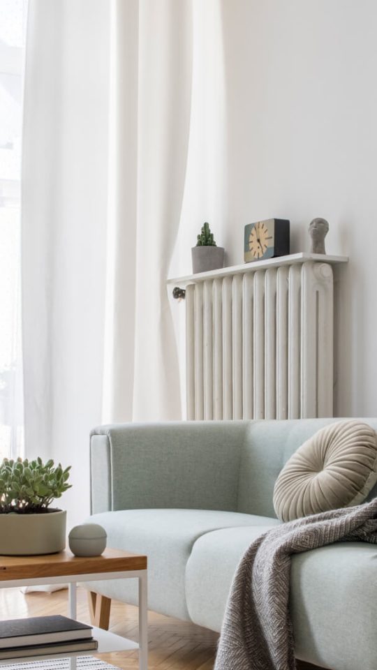 a living room with a couch, coffee table and plants at The  Sutton