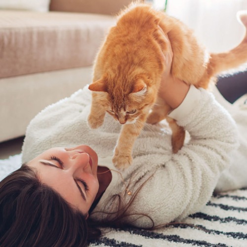 a woman laying on the floor with her cat at The  Sutton